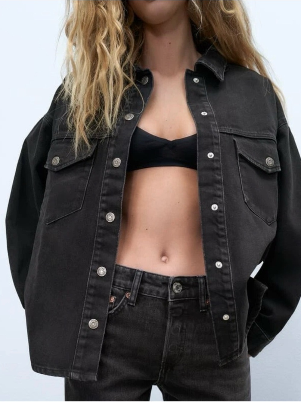 ZARA Black Washed Denim Shirt Jacket Oversized Shacket XS